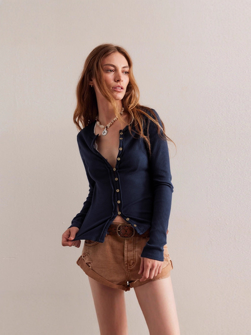 Women's Fashion Wear Long Sleeve Round Neck Button Rib Pure Color Women's Sweater