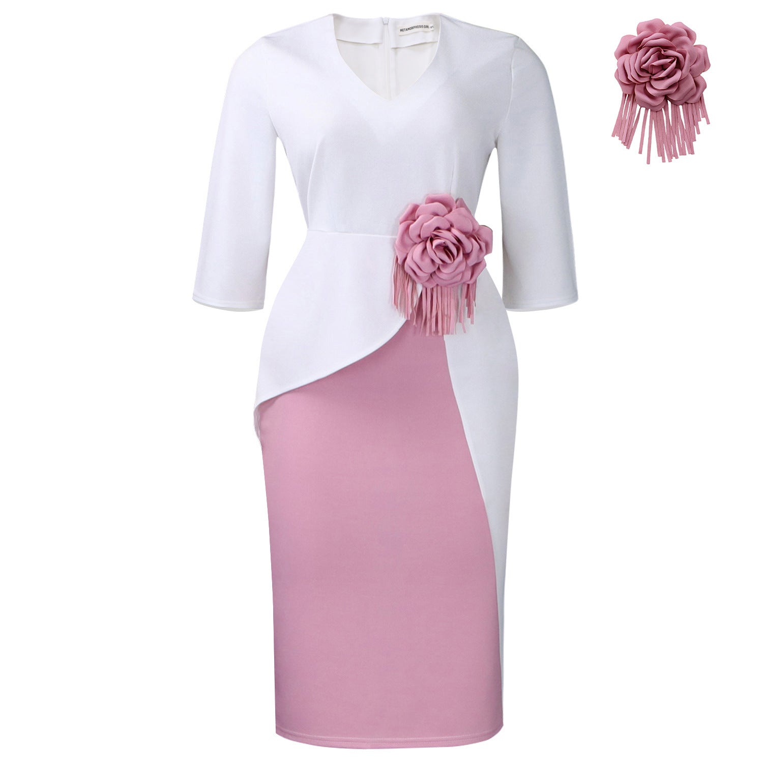 Solid Color Flower Temperament Pleated Half Sleeve Dress