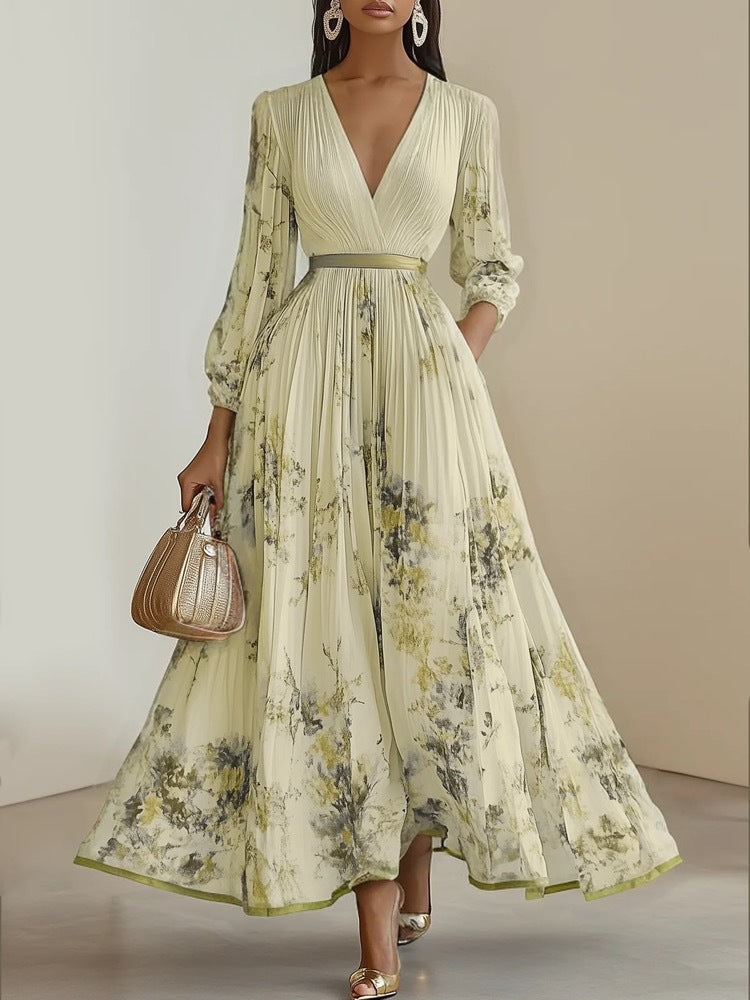 Women's Printed Long Sleeve Fashion Pleated Dress