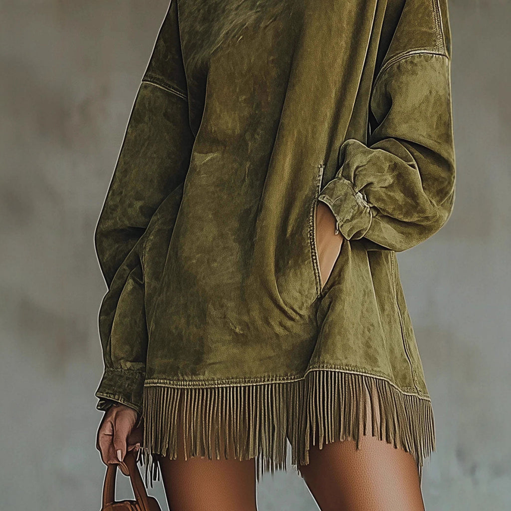 High Collar Loose Pocket Tassel Long Sleeve Dress