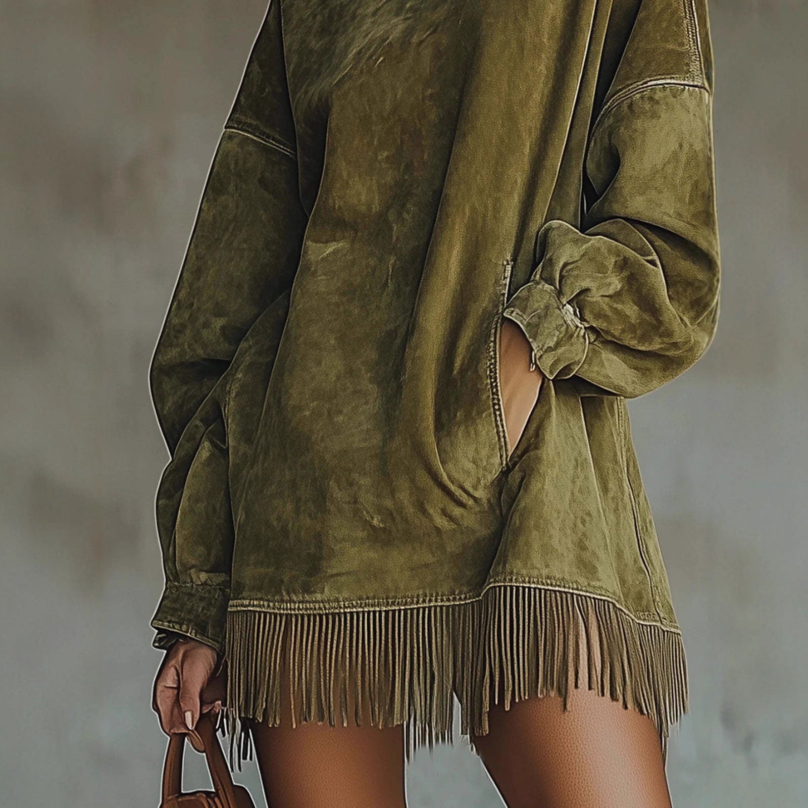 High Collar Loose Pocket Tassel Long Sleeve Dress