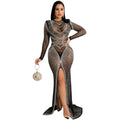 Women's Fashion Nightclub Hot Drilling Mesh Long Sleeve Split Dress