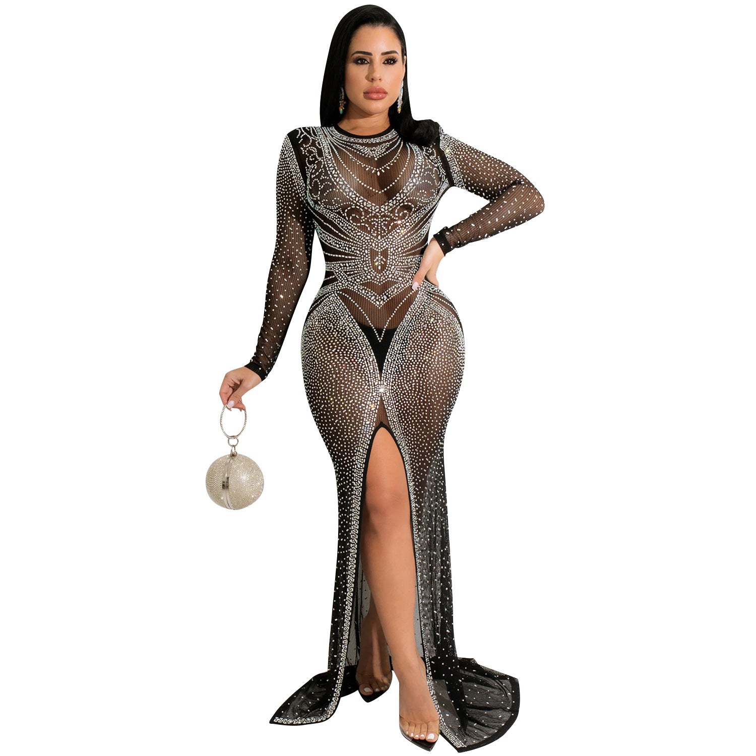Women's Fashion Nightclub Hot Drilling Mesh Long Sleeve Split Dress