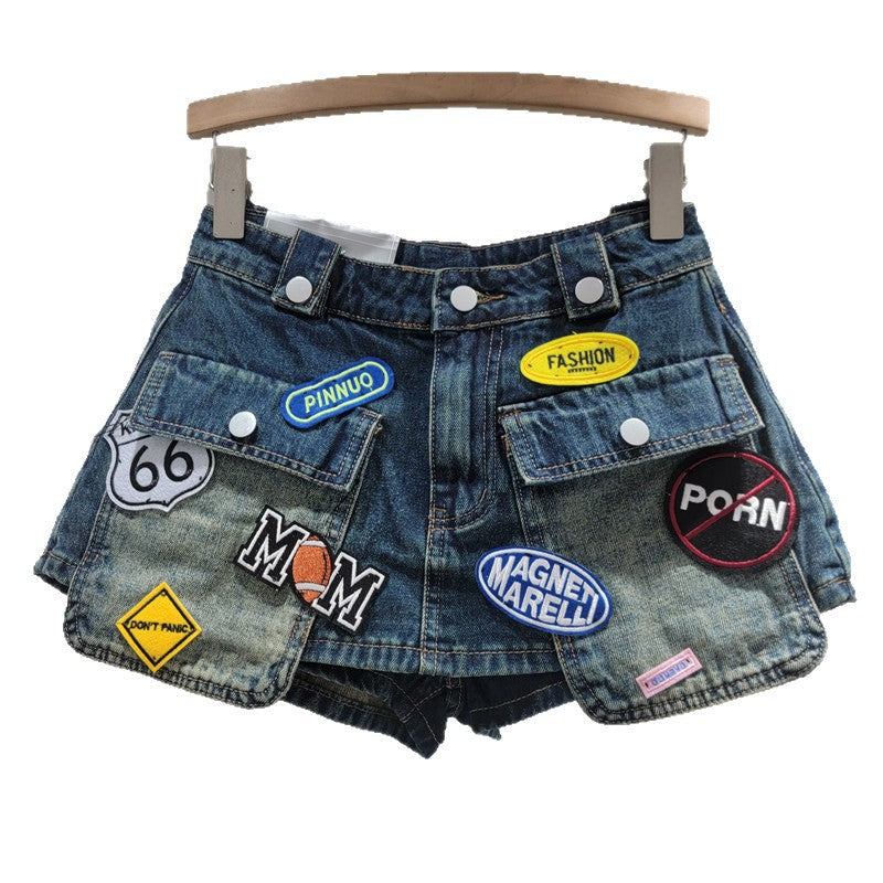 Leopard Print A- Line Large Pocket Denim High Waist Skirt