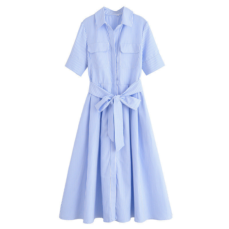 Fashion Polo Collar Single-breasted With Belt Shirt Dress