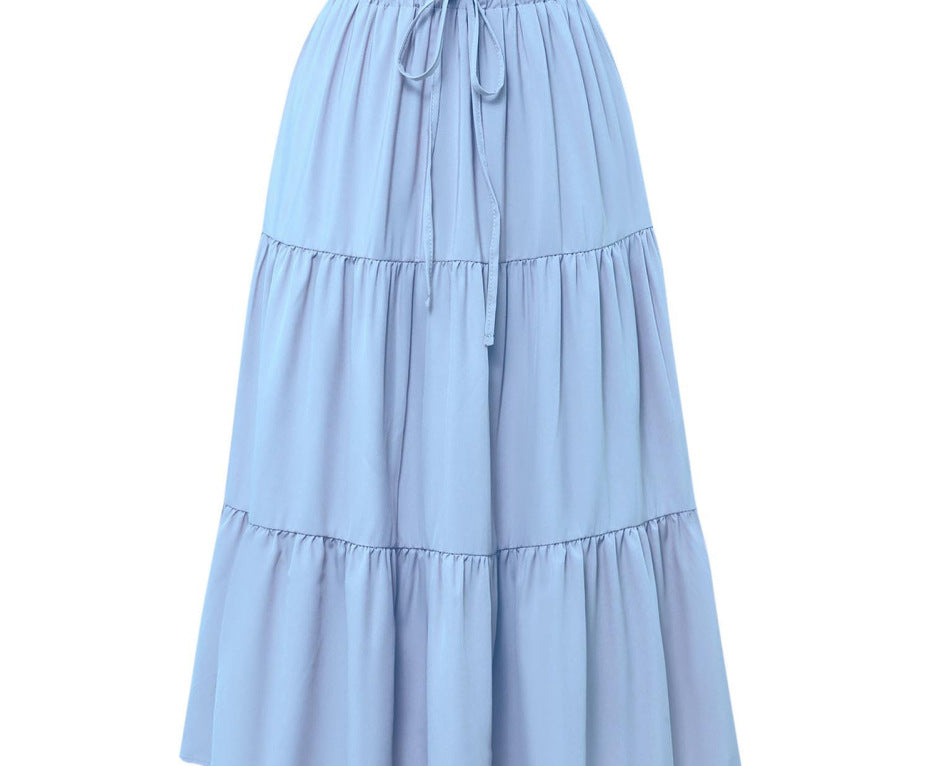 Solid Color Stitching Ruffle Elastic Pocket Skirts