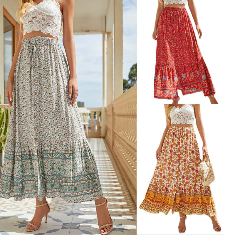 Waist Rayon Printed Breasted Split Seaside Holiday Skirts