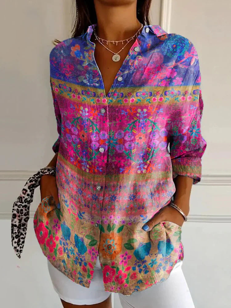 Women's Digital Printing Abstract Pattern Long Sleeve Buckle Blouse