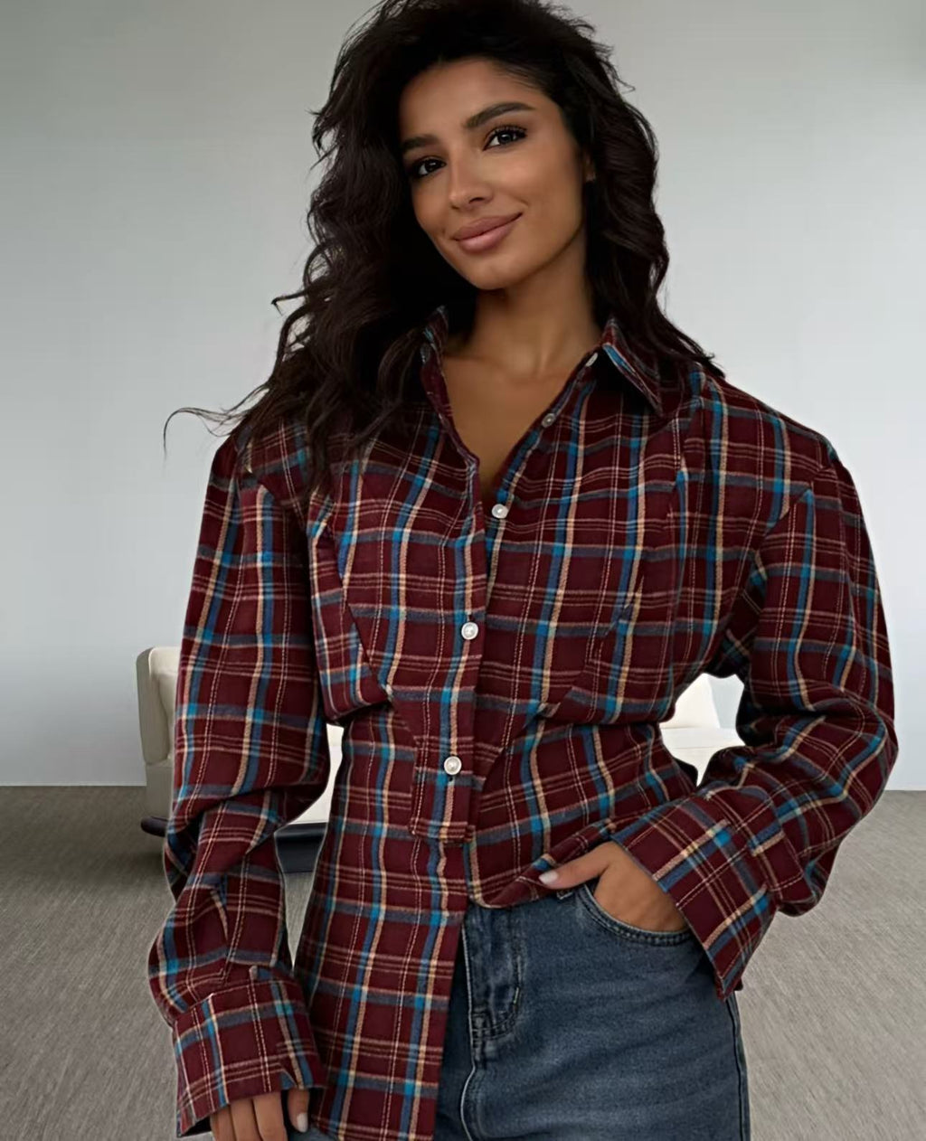Retro Plaid Design Long Sleeve Shirt Waist Tops