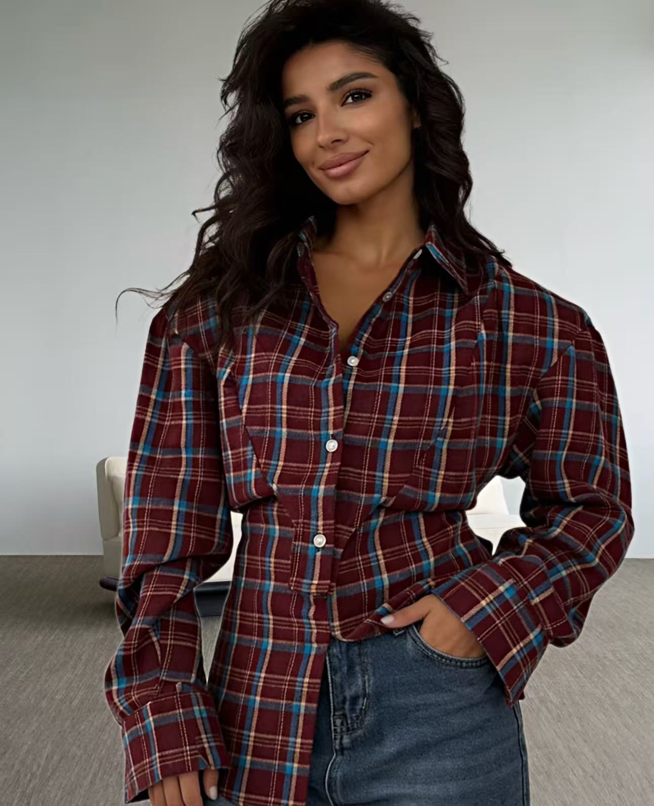 Retro Plaid Design Long Sleeve Shirt Waist Tops