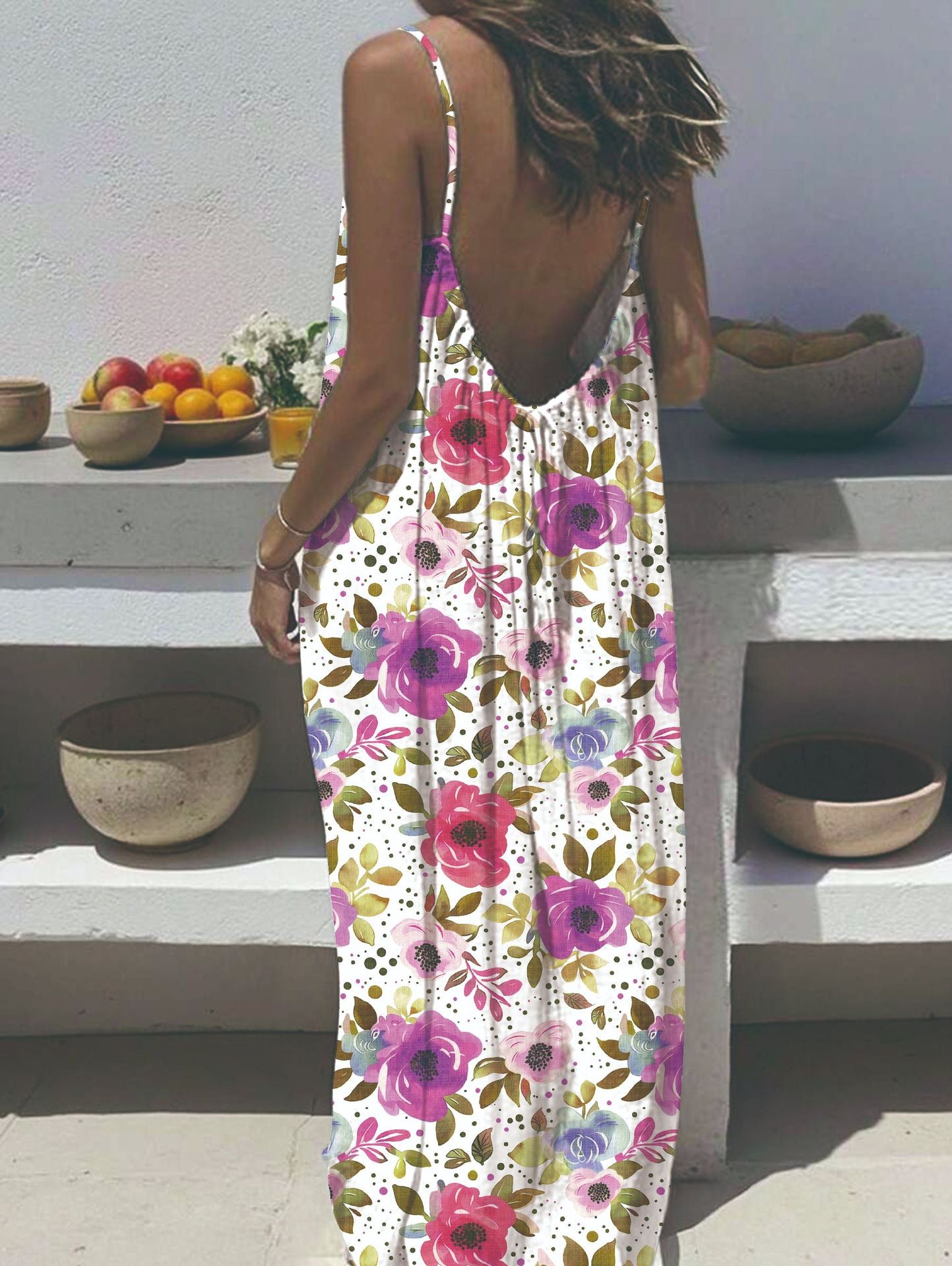 Women's Sling Backless Loose Print Long Dress