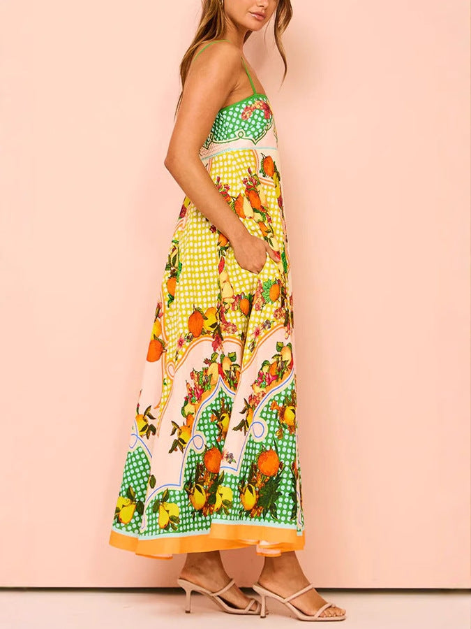 Women's Sexy Strap Positioning Printed Sleeveless High Waist Large Dress