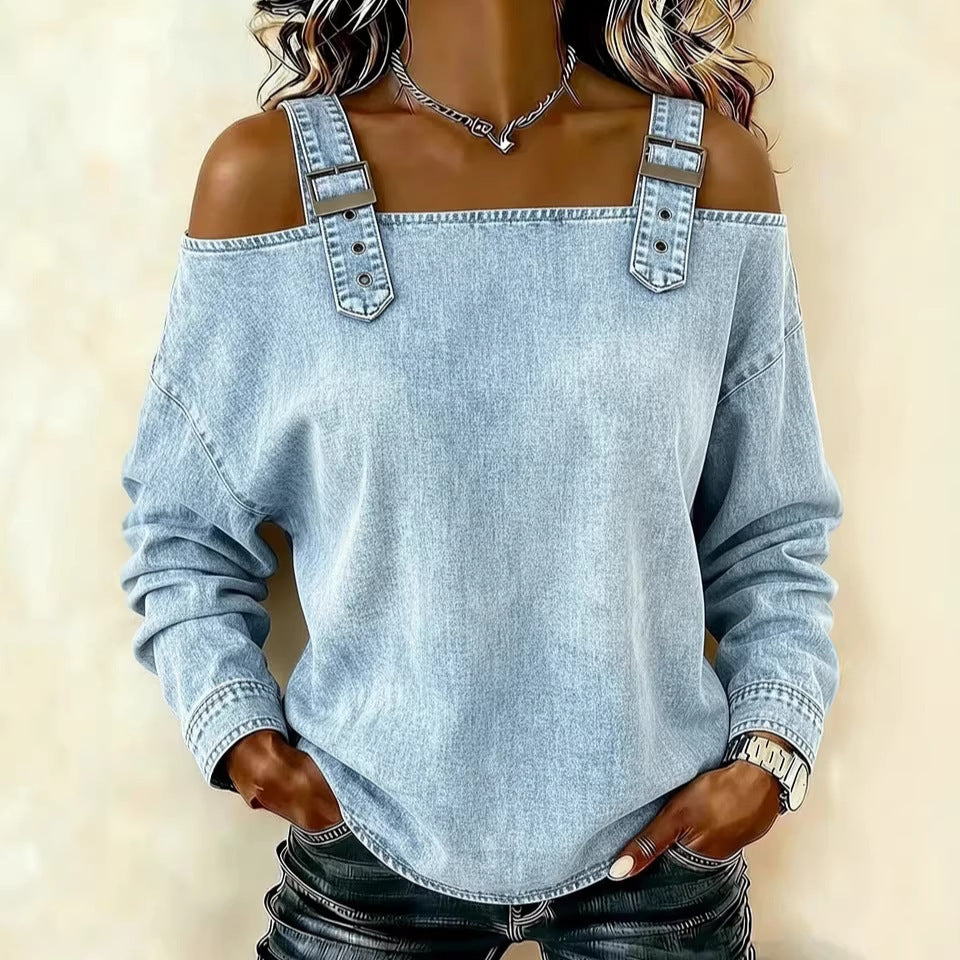 Women's Autumn Tie Shoulder Strap Long Sleeve Tops