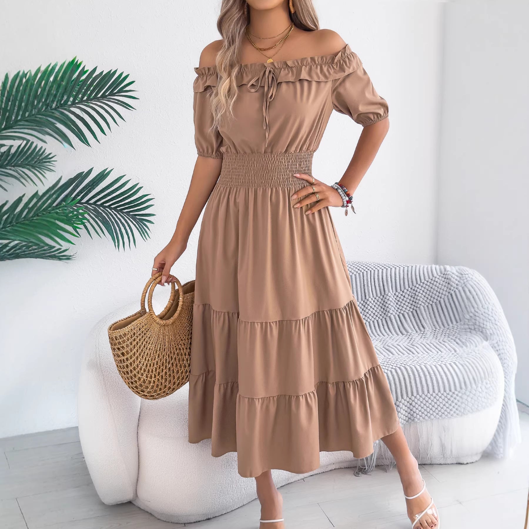Women's Casual Stringy Seedge Sleeve Smocking Long Dress