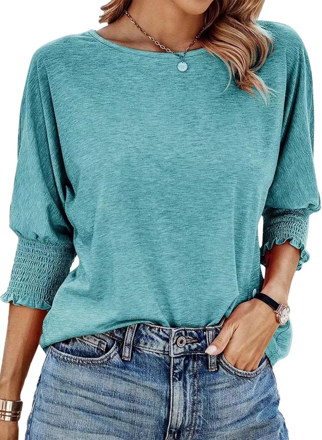 Women's Summer Stylish Loose Round Neck Cuff Smocking Long Women's T-shirt