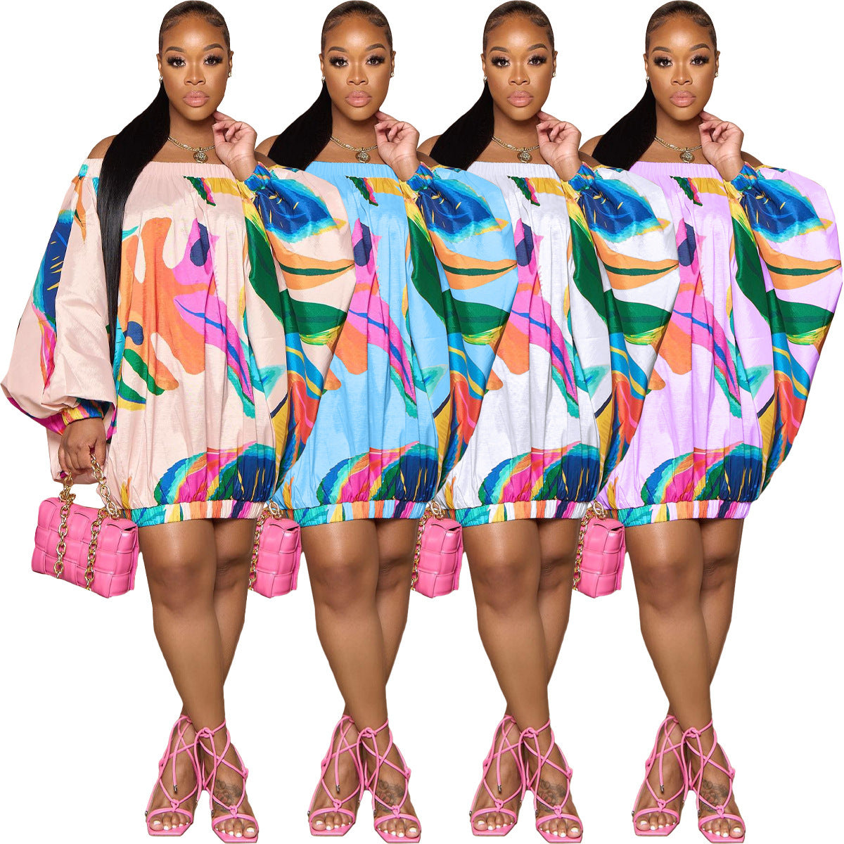 Women's Digital Hd Printed Batwing Sleeve Dress