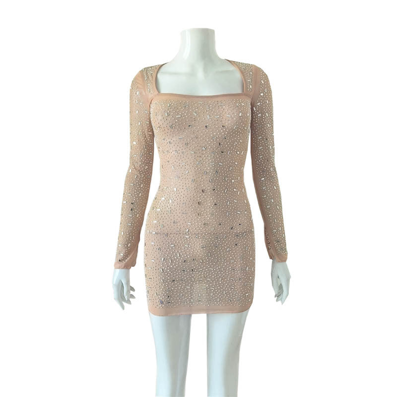Women's Square Collar Long Sleeve Sheath Sexy Hot Light Dress