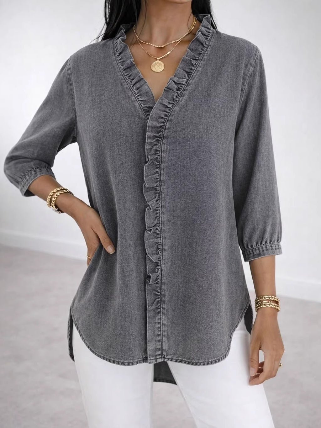 Women's Ruffled Casual Shirt Imitation Denim Ladies Blouse