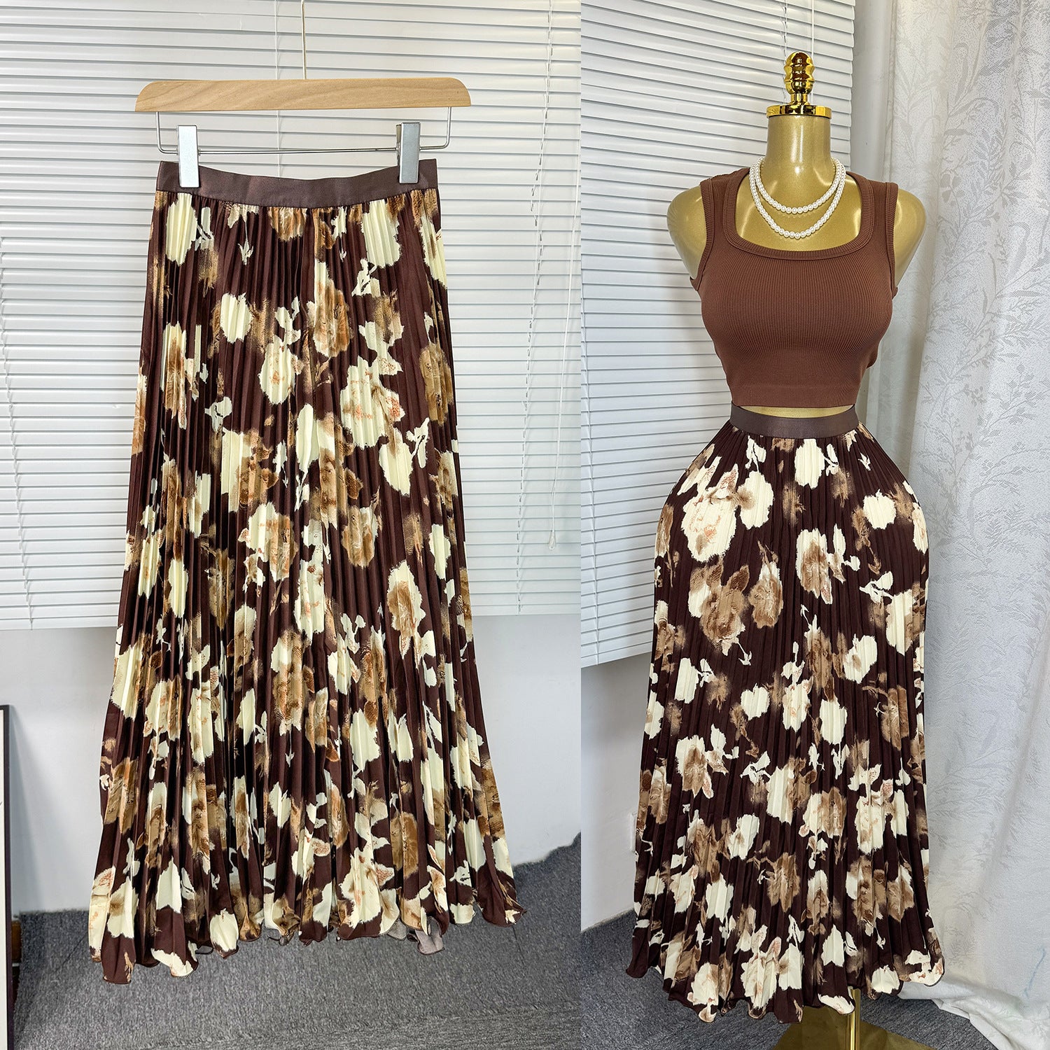 Women's Retro Printed High Waist A- Line Mid-length Pleated Large Hem Skirt