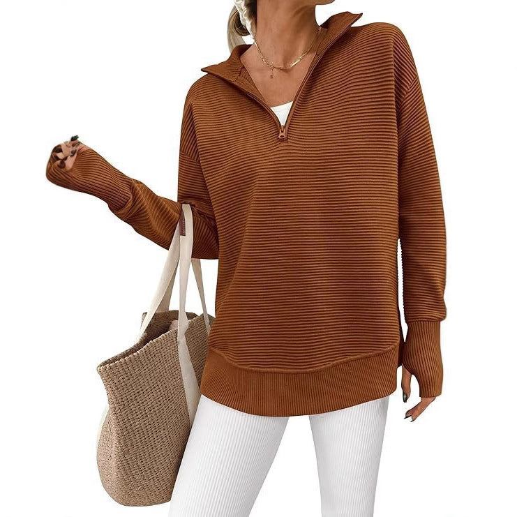 Women's Long Sleeve Half Zip Rib Knitted Pullover Early Autumn Clothing