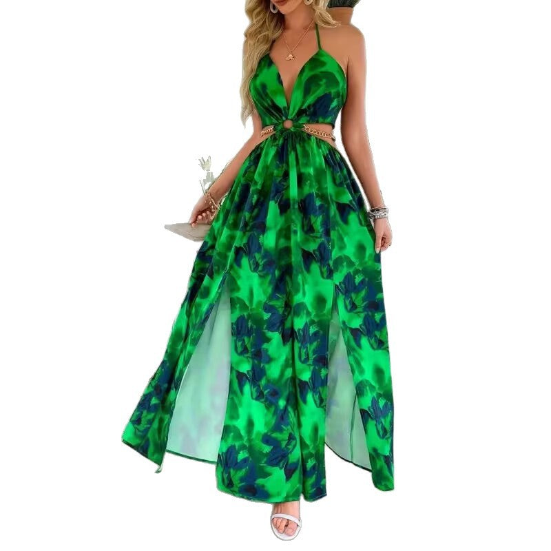 Women's Floral Backless Side Slit Suspender French Print Dress