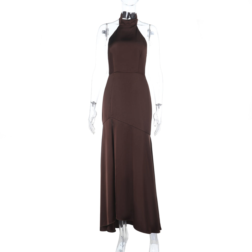 Satin Split Autumn Solid Color Sheath Dress