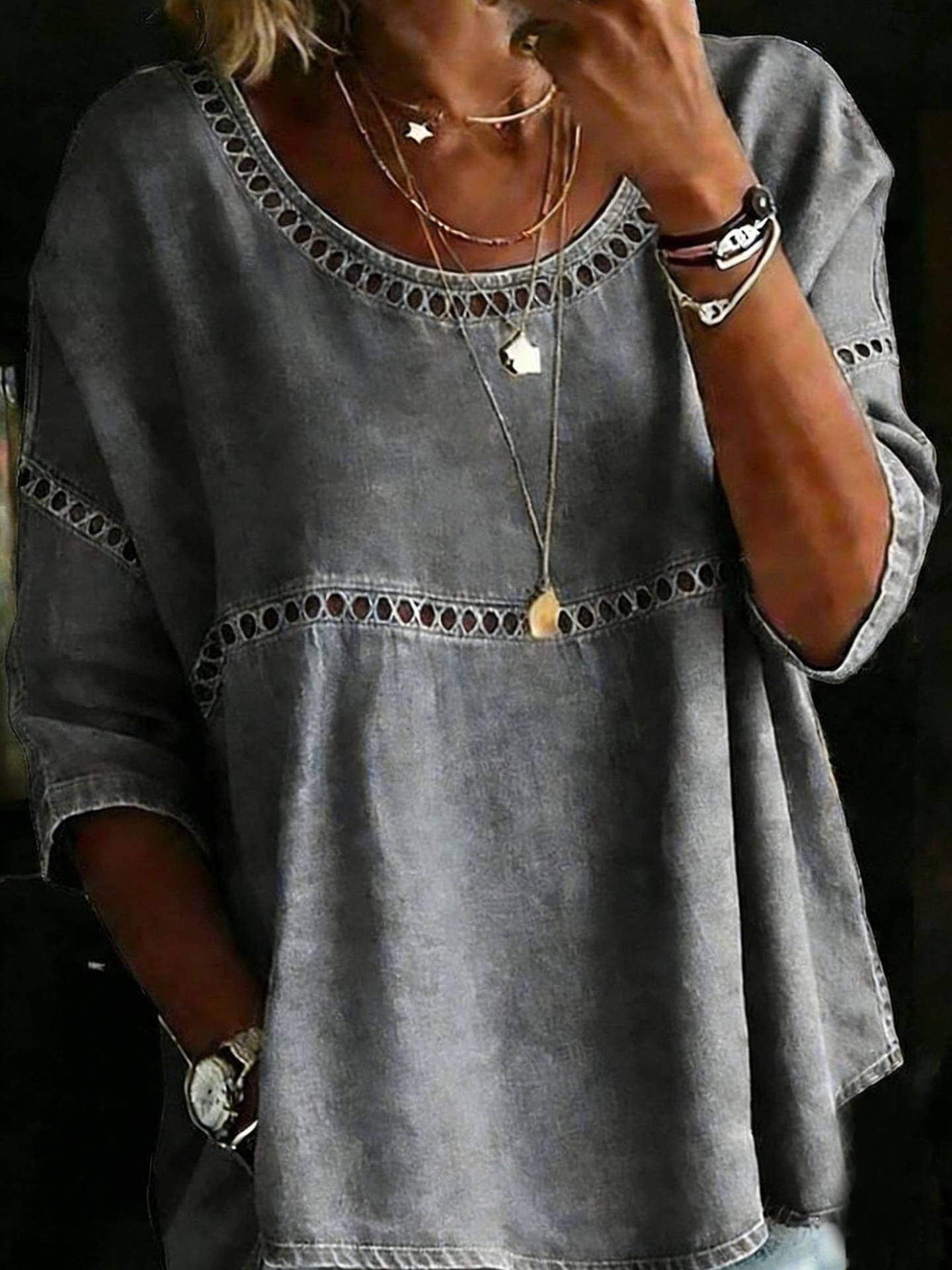 Versatile Casual Hollow Denim Round Neck Tops