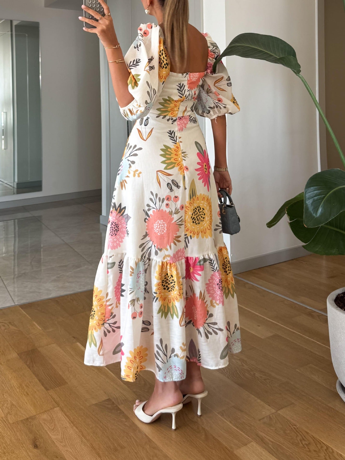 Women's Fashion Printed Puff Sleeve Large Swing Dress