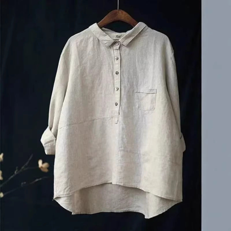 Slouchy Women's Shirt Printed Linen Fabric Blouse