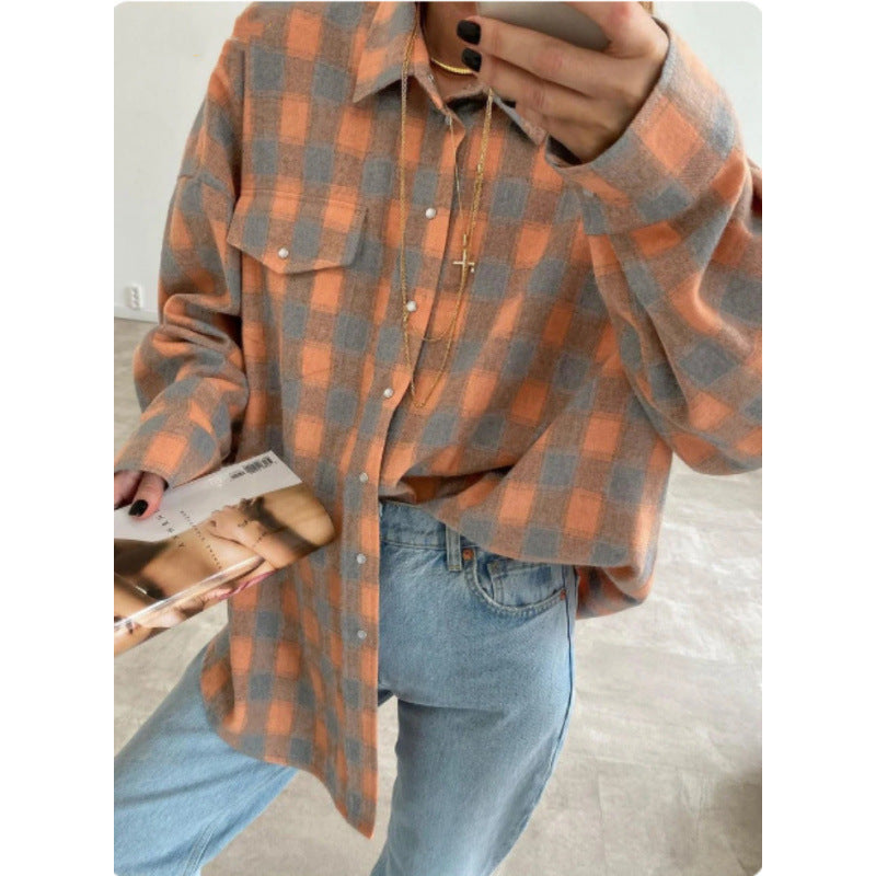 Women's Style Lapel Loose Shirt Autumn Plaid Long Blouse