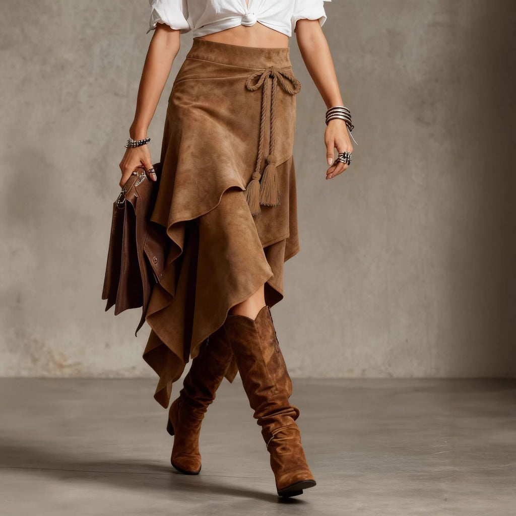 European Retro Western Style Irregular Design Suede Skirt