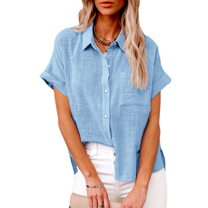 Women's Summer Solid Color Shirt Sleeve Cotton Casual Blouse
