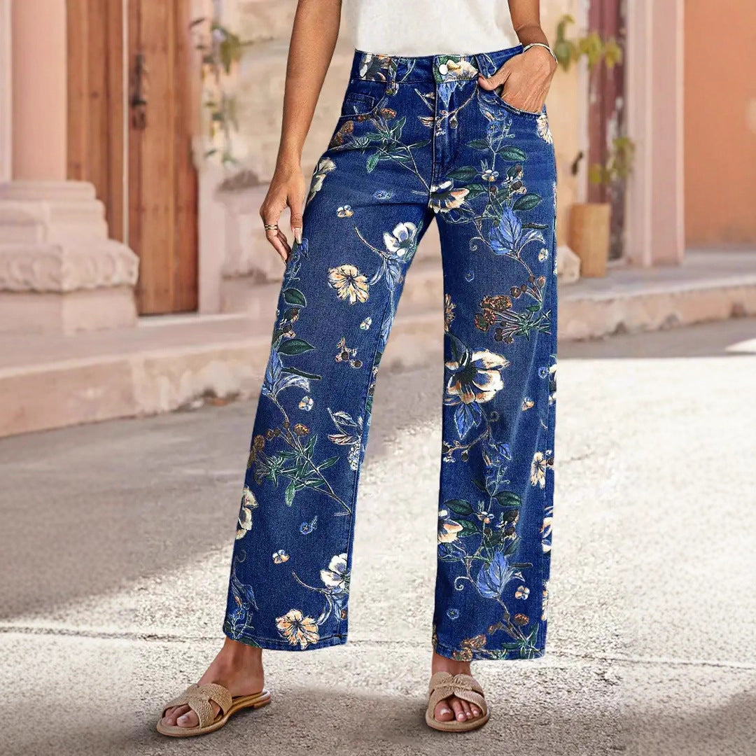 Pattern Straight High Waist Vintage Random Print Loose Jeans