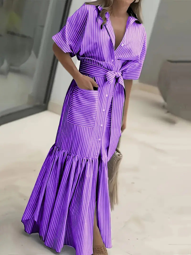 Fashion Striped Sleeve Loose Midi Shirt Shorts