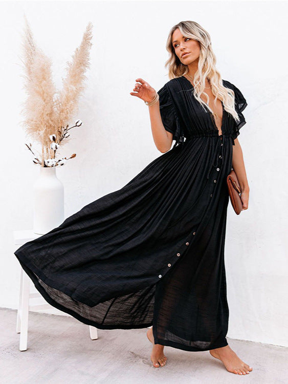Cover-up Slubbed Fabric Waist Strap Long Sun Protection Dress