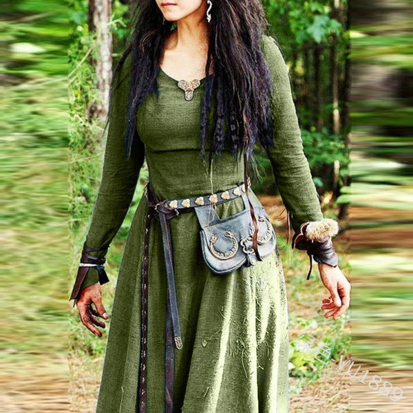 Women's Medieval Retro Crew Neck Long Sleeve Slim Artistic Cotton Linen Dress