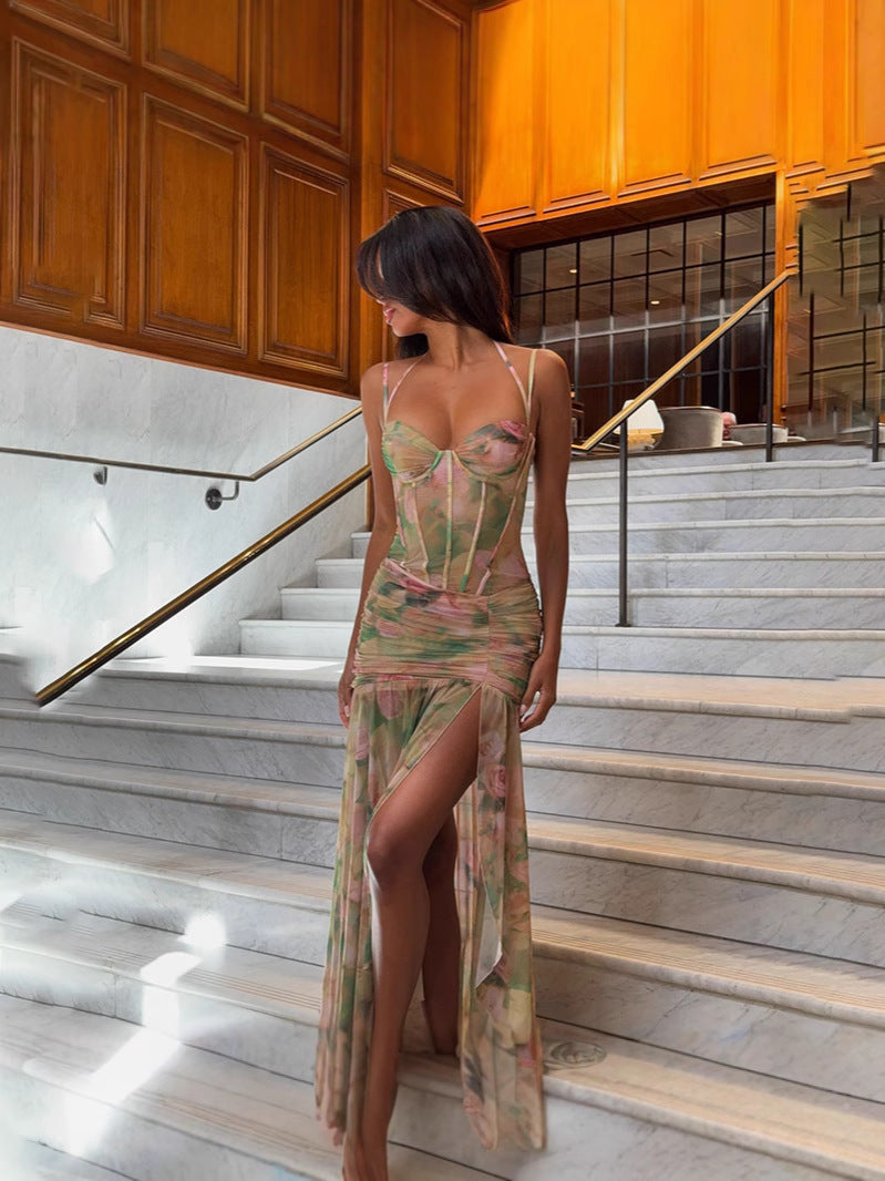 Women's Spring Sexy Floral Print Vacation Beach High Waist Slimming Dress