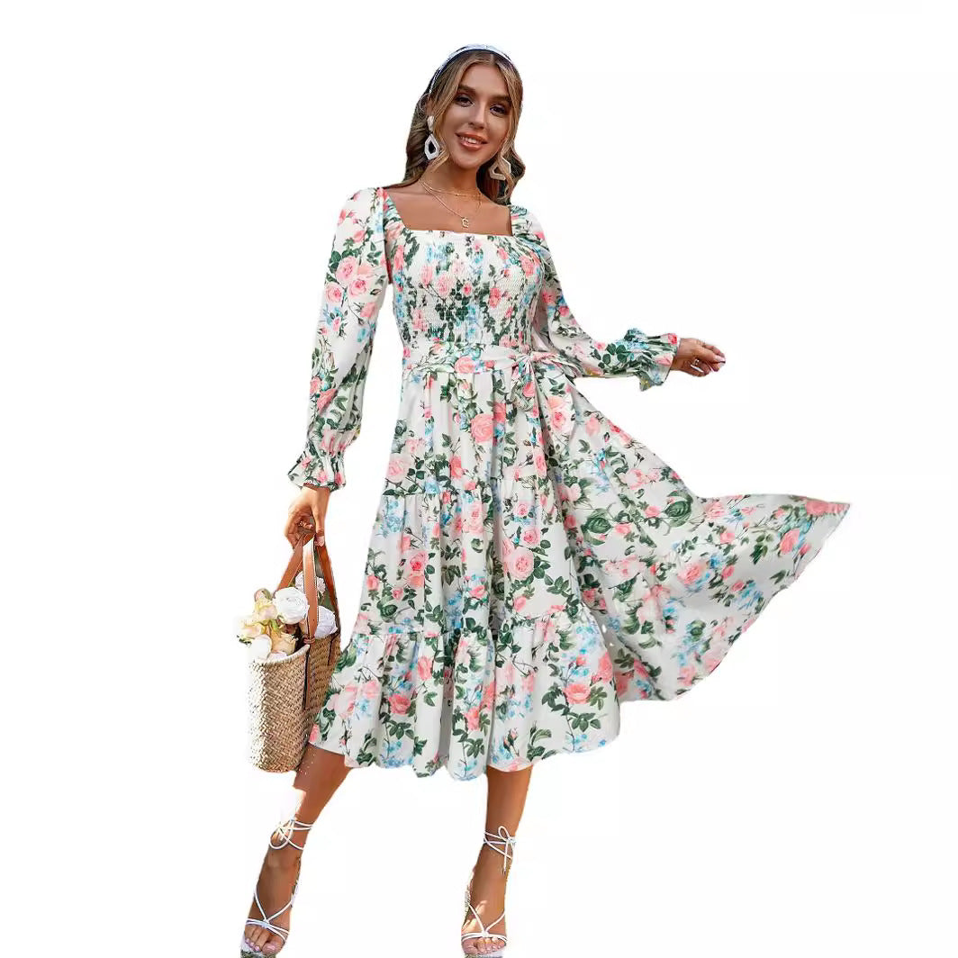 Collar Flared Long Sleeve High Waist Dress