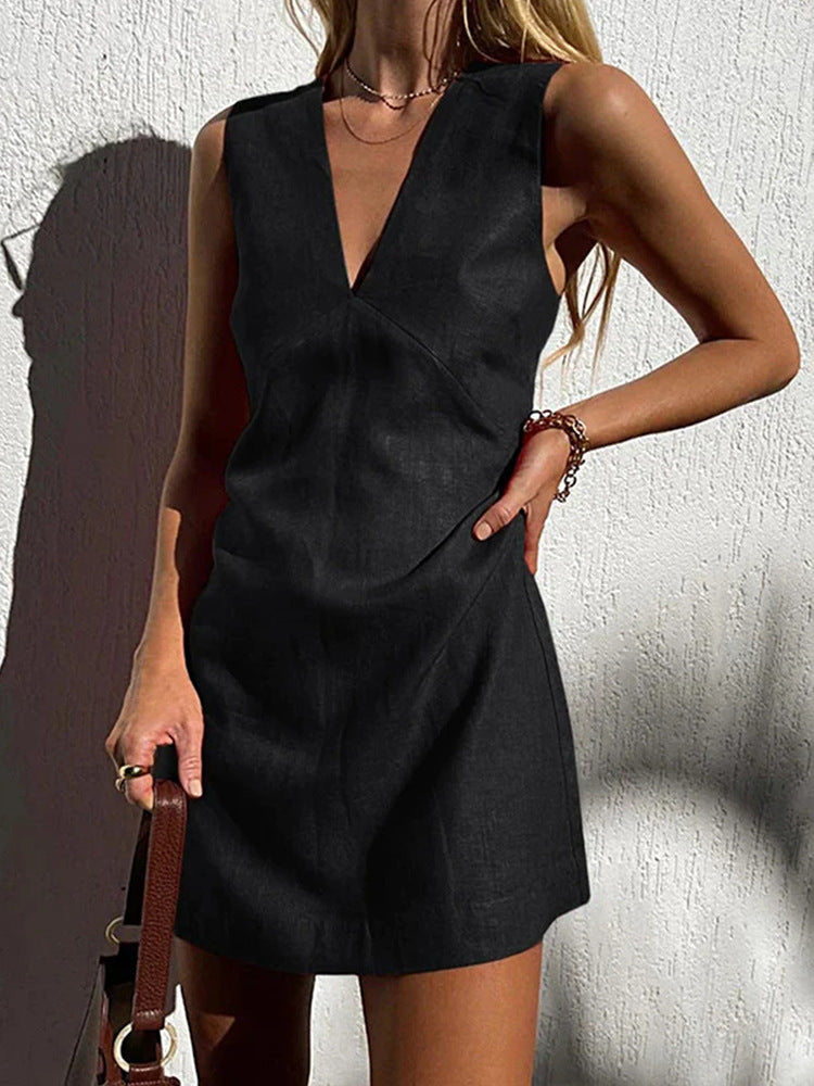 Women's Cotton Linen Sleeveless Summer Basic Solid Color Dress