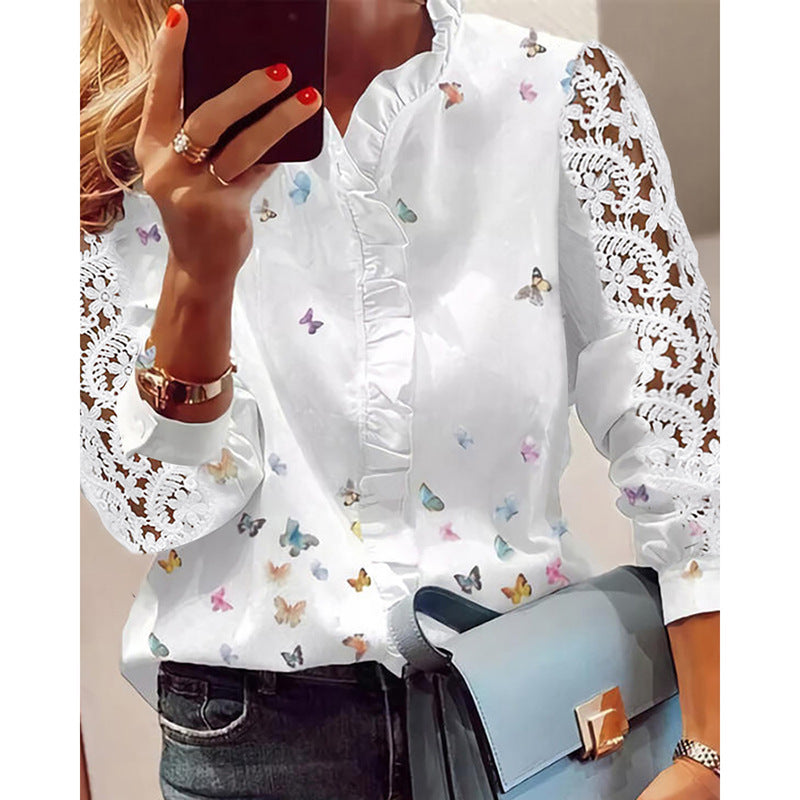 Women's Elegant Faille Long Sleeve Ruffled Collar Regular Shirt Stitching Blouse