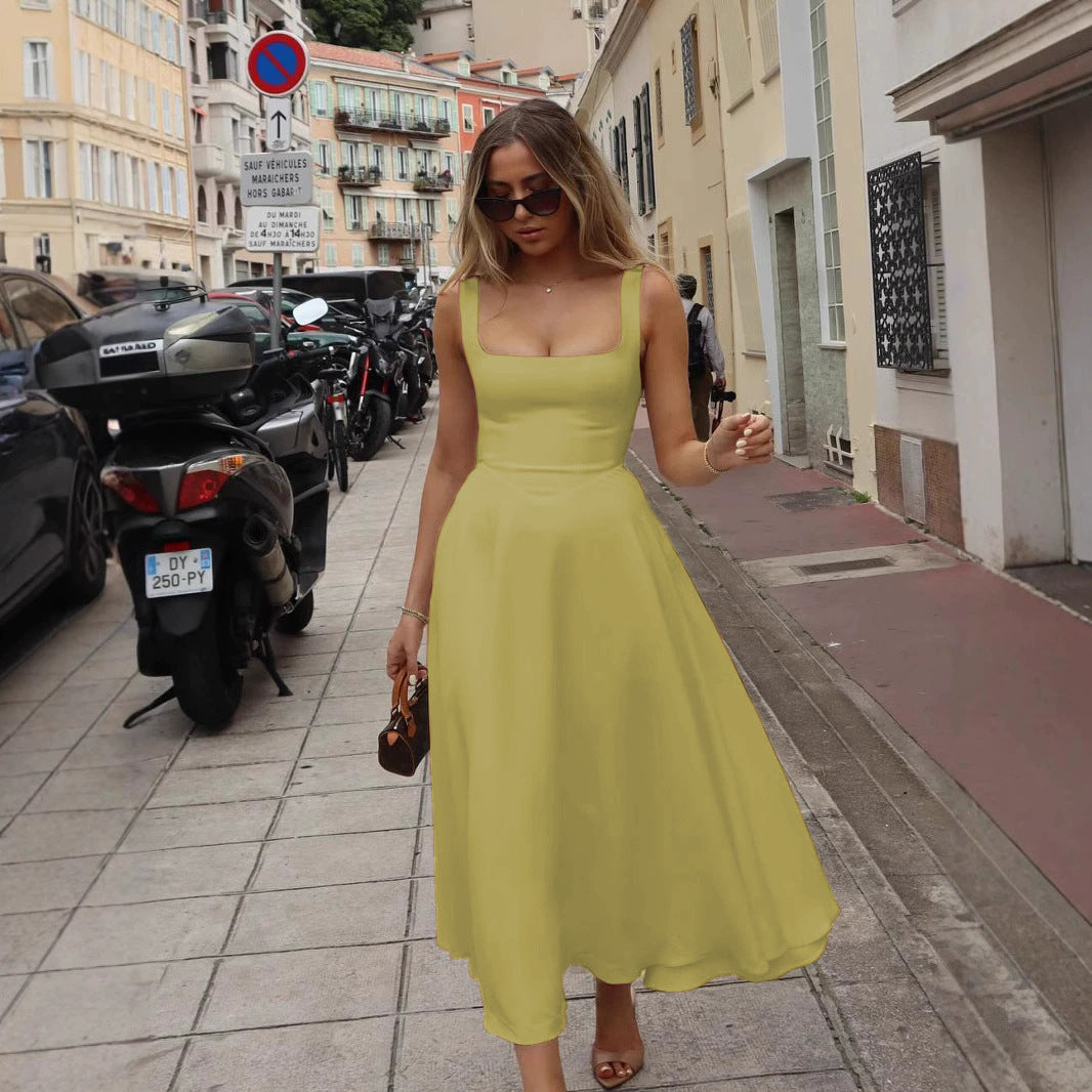 Women's Square Collar Sleeveless Waist Trimming Spaghetti Dress