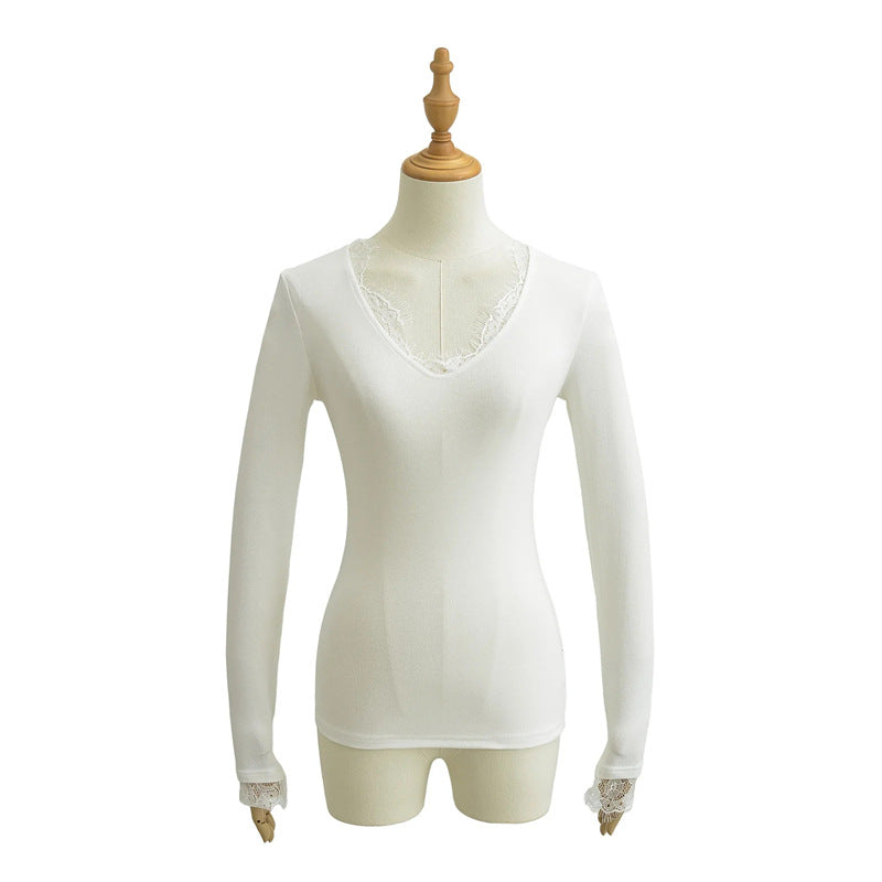 Women's Hot Lace Stitching Long-sleeved Bottoming Shirt Pure Desire Tight Solid Women's T-shirt