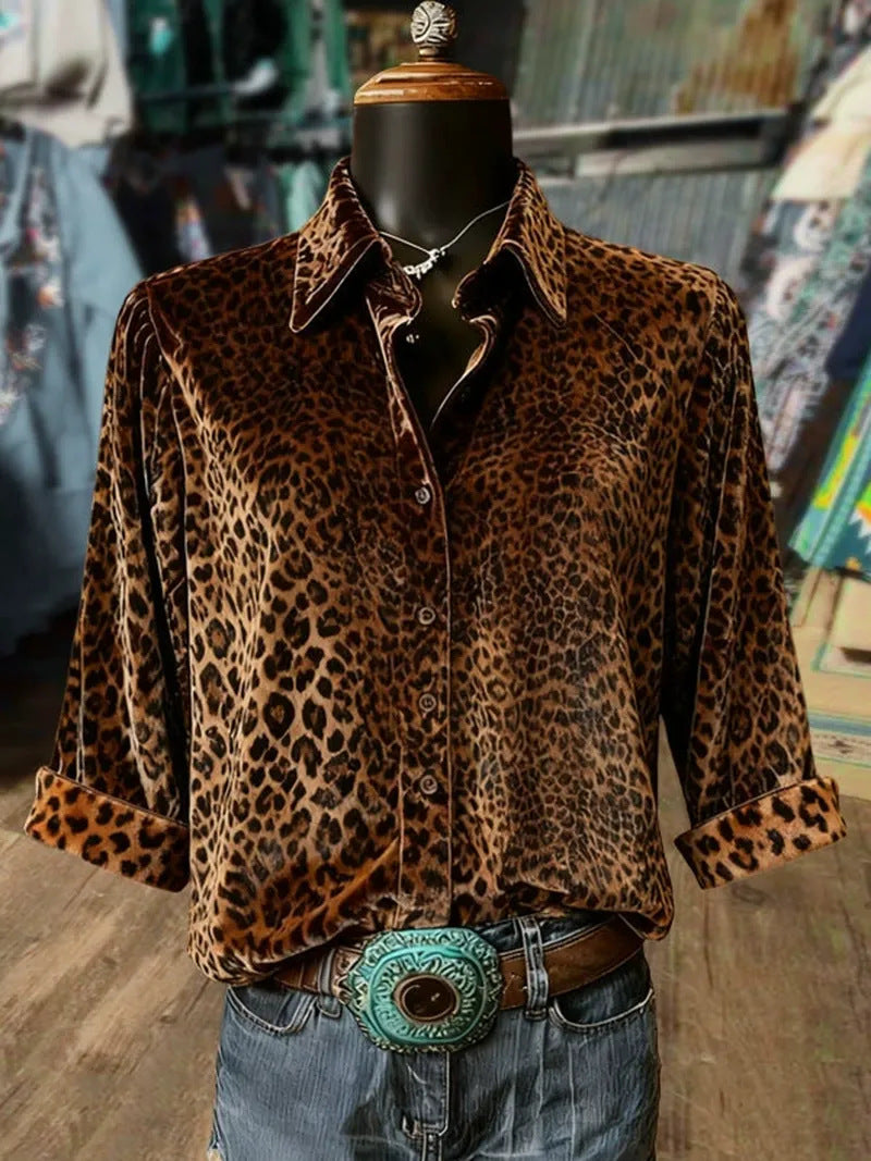 Women's Leopard Print Long Sleeve Casual Elegant Loose Printed Blouse