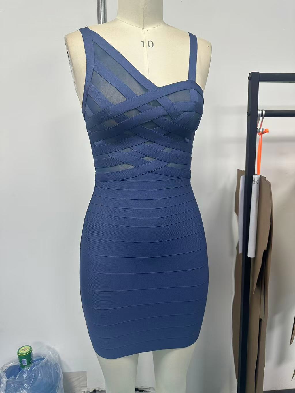 Women's Blue Suspenders Bandage One-piece Sheath Sexy Nightclub Hot Dress