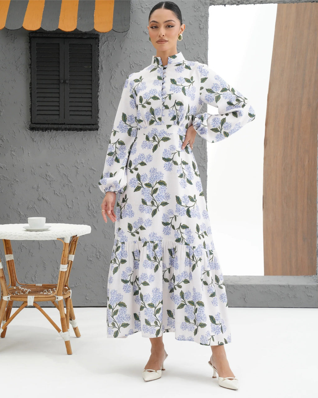 Women's Printed Bag Buckle Shirt Collar Long Dress
