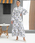 Women's Printed Bag Buckle Shirt Collar Long Dress