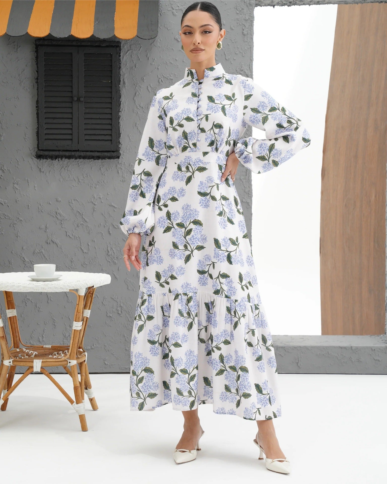 Women's Printed Bag Buckle Shirt Collar Long Dress
