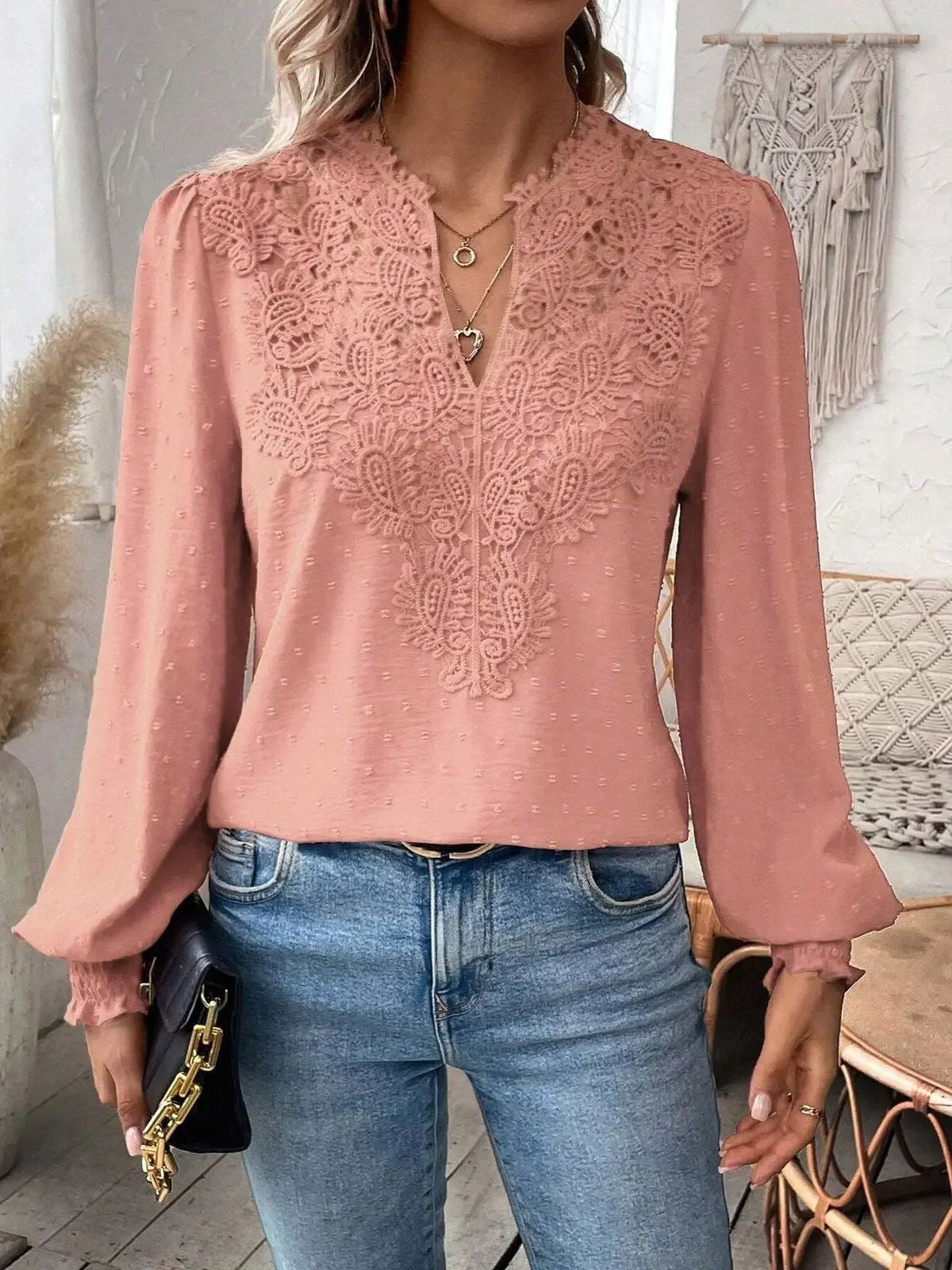 Women's Fashion Lace Solid Color Long Sleeve Women's T-shirt