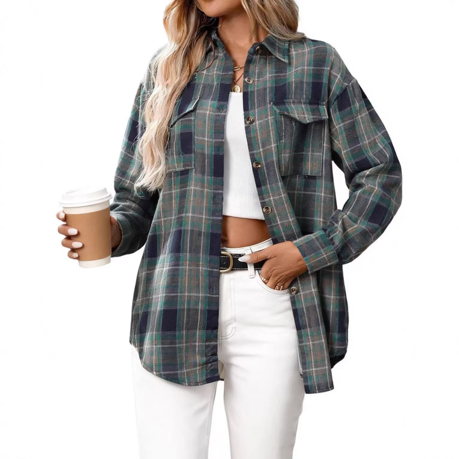 Women's Casual Fashion Loose Plaid Pocket Shirt Blouse