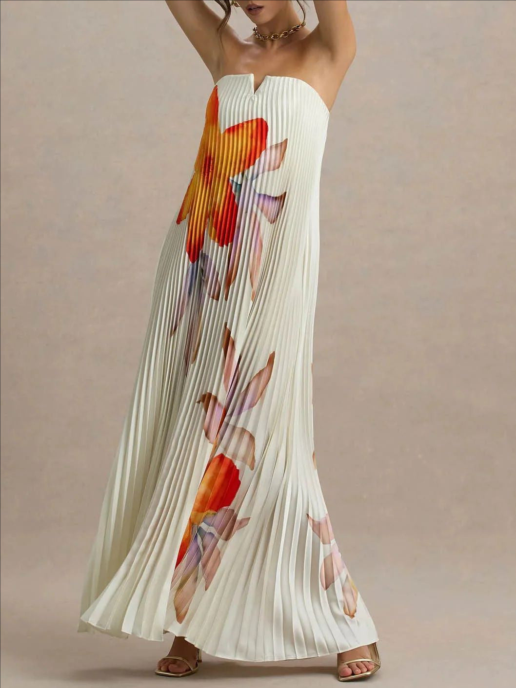 Women's Printed Tube Loose Pleated Long Dress